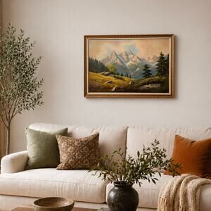 Vintage Alpine Landscape Oil Painting Framed Mountain Cabin Signed